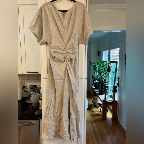 new Staud Amelie draped linen blend midi dress in natural oatmeal heather - Picture 7 of 12